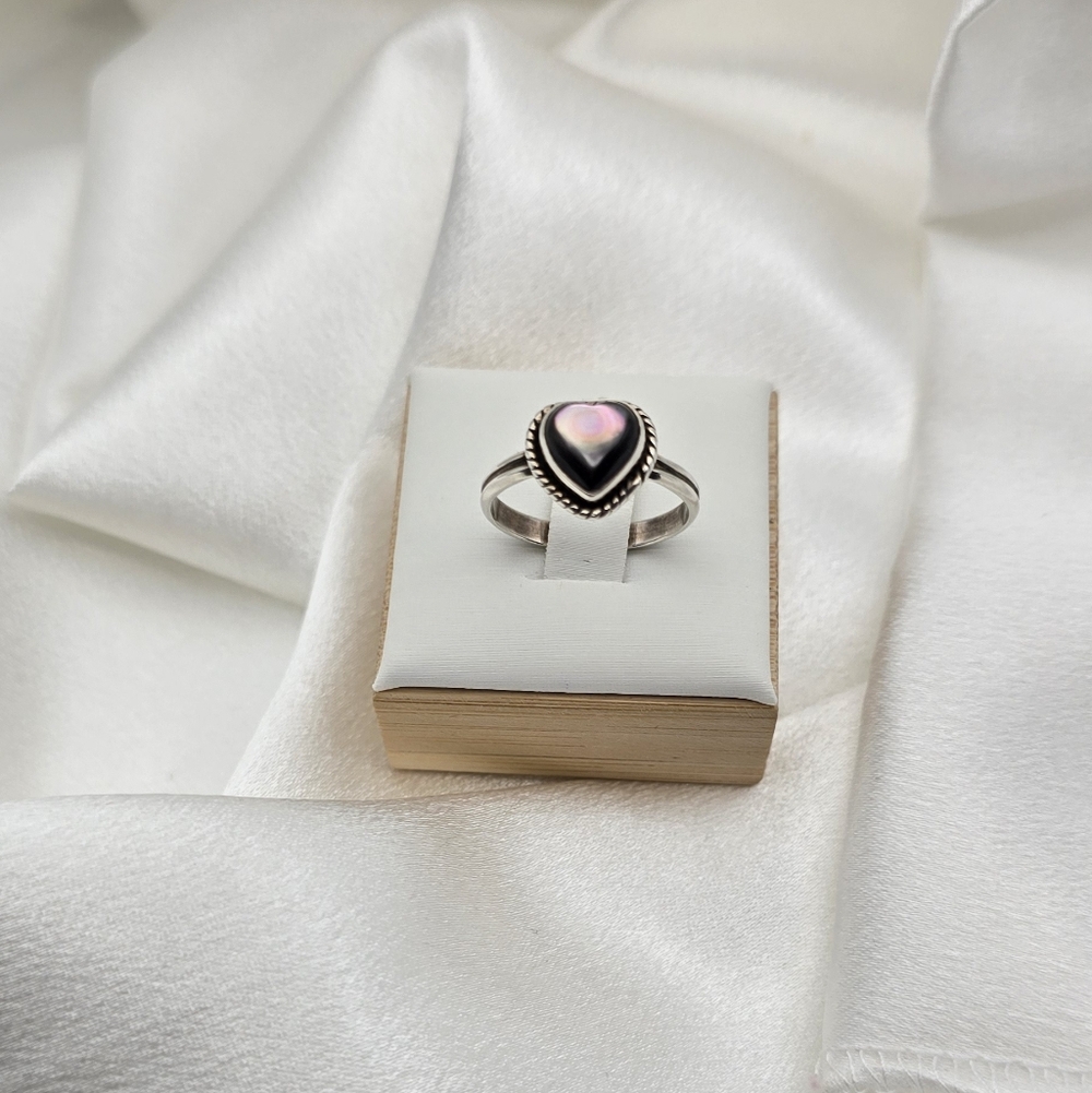 Sterling Silver 925 Natural Silver Obsidian  Heart-Shaped Ring